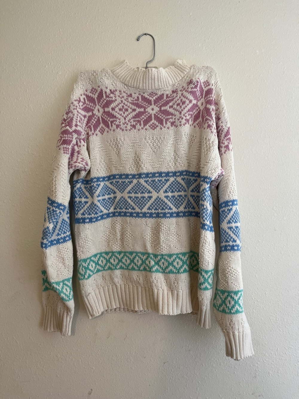 Cream Knit Turtleneck Sweater with Pink, Blue & Green Fair Isle Stripes